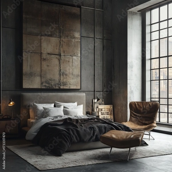 Fototapeta Elegant bedroom with concrete wall, large window, artwork, and comfortable bed creates a sophisticated and modern living space