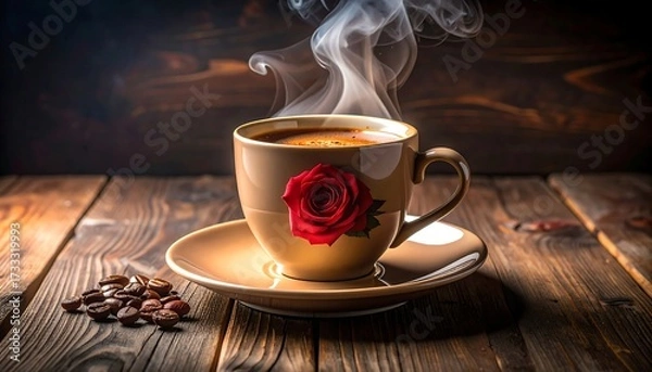 Fototapeta A steaming beverage in a floral decorated mug sits on a saucer with scattered beans, wood backdrop