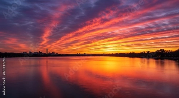 Obraz Vibrant sunset over calm water with dramatic cloud formations and reflections