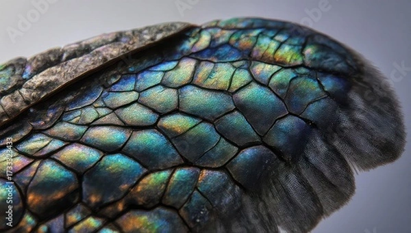 Fototapeta Close-up of iridescent scales resembling a segmented, textured surface