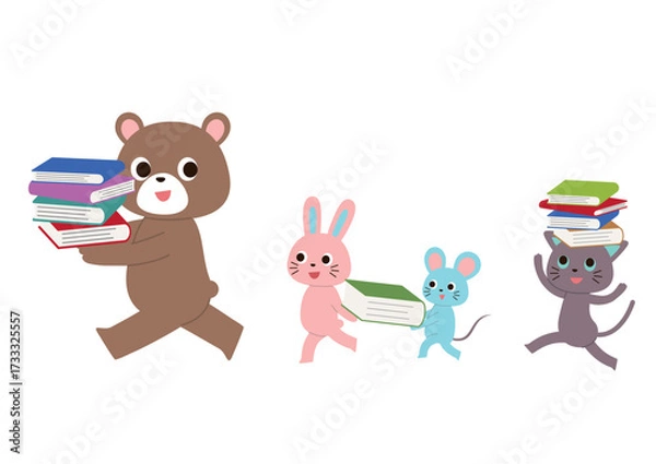 Fototapeta 行列になって本を運んでいるかわいい動物たち