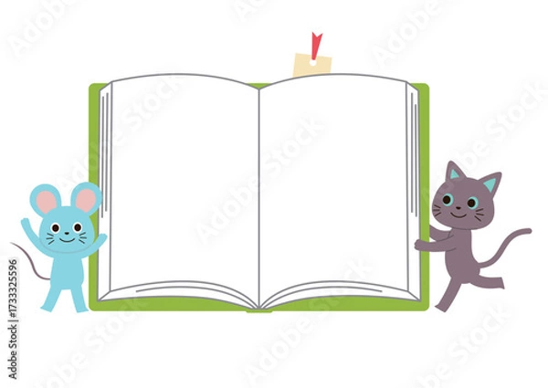Fototapeta ネコとネズミと開いた本のフレーム