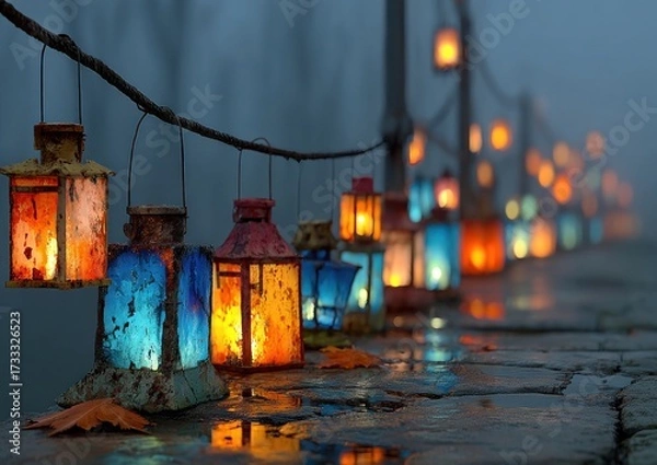 Fototapeta Weathered crystal lanterns lined along a foggy forest trail, soft blue and orange glows