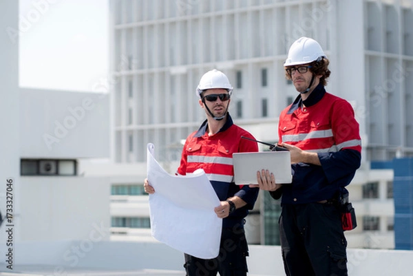 Fototapeta Two engineer checking solar energy system looking blueprint together for planning installation solar panel, renewable energy and sustainable technology, clean electricity, industry and solar cell.