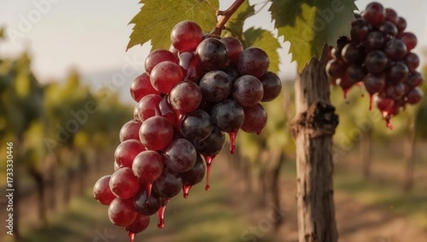 Fototapeta Red grapes dripping with juice on vine