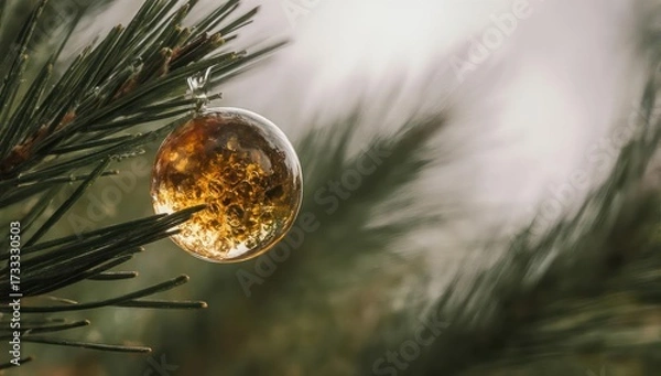 Fototapeta A translucent, golden orb on a coniferous branch