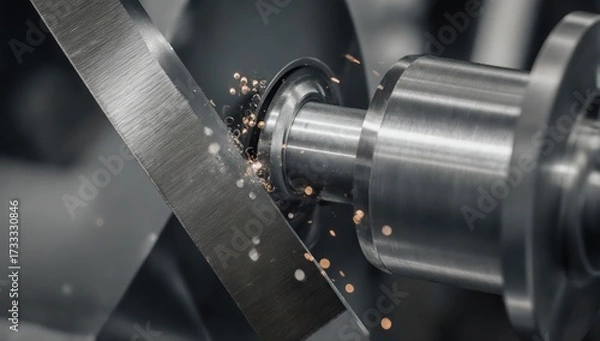 Fototapeta Close-up of metal lathe machining a cylindrical piece, sparks flying