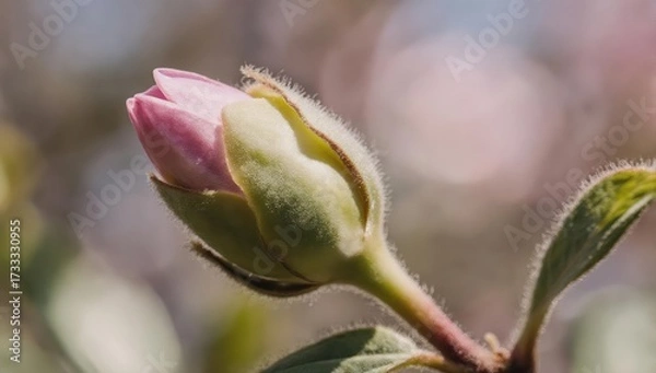 Fototapeta A close-up of a partially-open pink flower bud in soft focus
