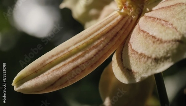 Fototapeta Close-up of a pale orchid petal with subtle striped pattern in sunlight