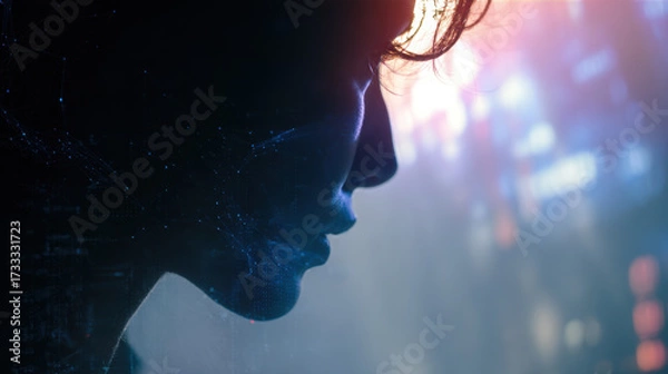 Obraz Human profile silhouette, cyberpunk city, neon light, bokeh, AI network, digital double exposure in loop mood