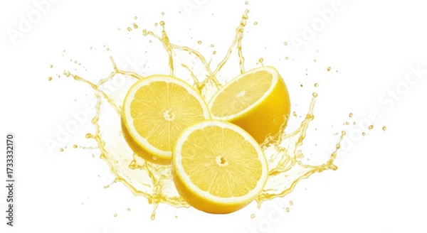 Fototapeta Fresh lemons with juice splash vibrant citrus fruit for healthy lifestyle isolate