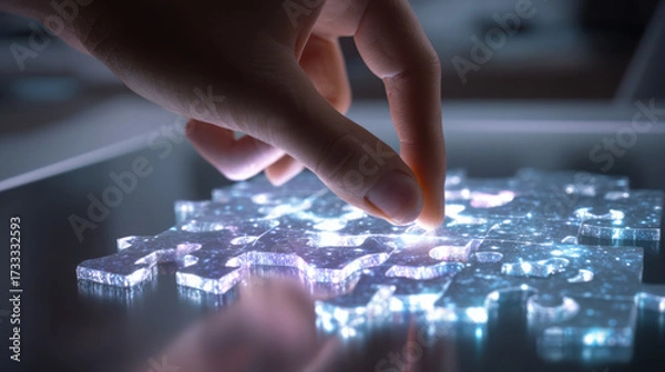 Obraz Human hand places glowing puzzle piece in loop of digital jigsaw on glass surface, futuristic mood with soft light and tech focus