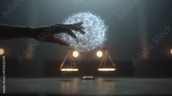 Obraz Human hand network sphere digital nodes glowing mesh balance scale justice dark room future tech ethics in loop