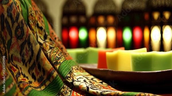 Fototapeta kuih. Traditional batik scarf with intricate patterns draped over colorful kuih desserts, celebrating Malaysia Day. event programs.
