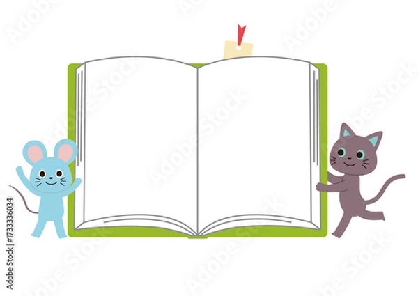 Fototapeta ネコとネズミと開いた本のフレーム