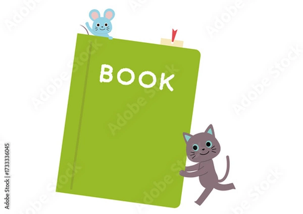 Fototapeta 本と猫とネズミのイラスト
