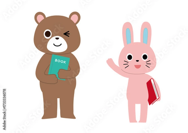 Fototapeta 本を抱えて立っている笑顔のクマとうさぎ
