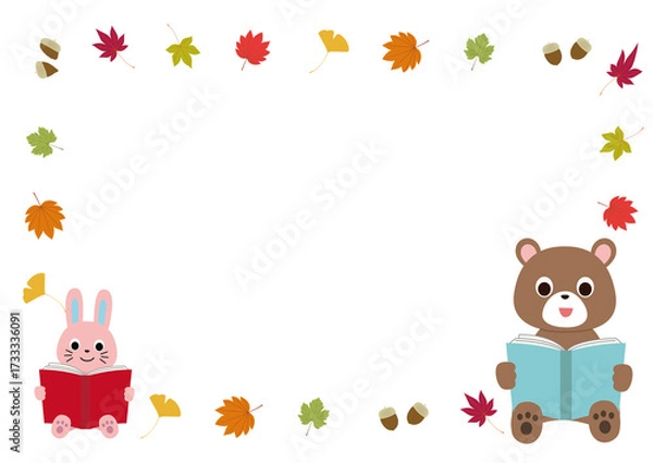 Fototapeta 読書の秋　紅葉と動物のフレーム