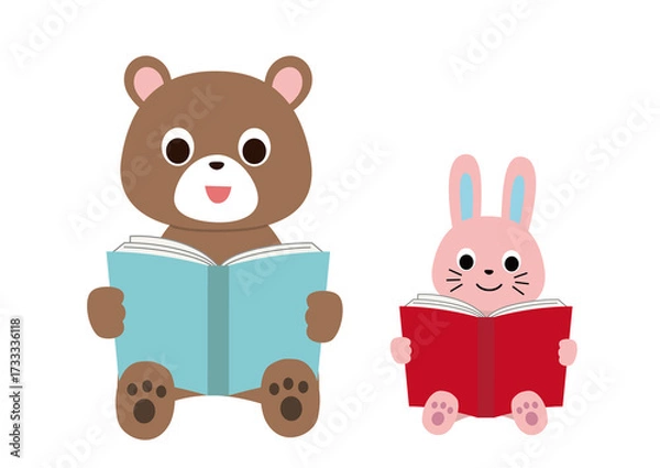 Fototapeta 楽しそうに本を読んでいるクマとうさぎ