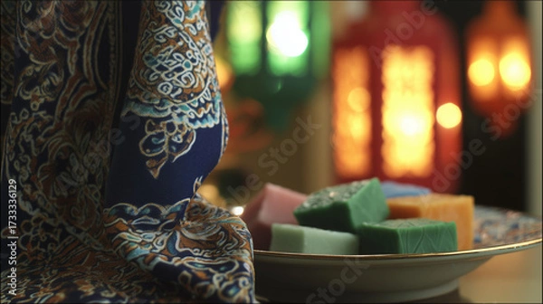Fototapeta kuih. Traditional batik scarf with intricate patterns draped over colorful kuih desserts, celebrating Malaysia Day. event programs.