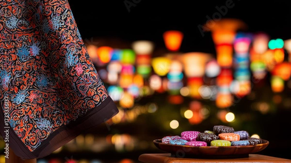 Fototapeta kuih. Traditional batik scarf with intricate patterns draped over colorful kuih desserts, celebrating Malaysia Day. event programs.