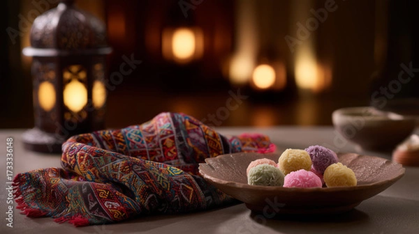 Fototapeta kuih. Traditional batik scarf with intricate patterns draped over colorful kuih desserts, celebrating Malaysia Day. event programs.
