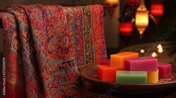 Fototapeta kuih. Traditional batik scarf with intricate patterns draped over colorful kuih desserts, celebrating Malaysia Day. event programs.