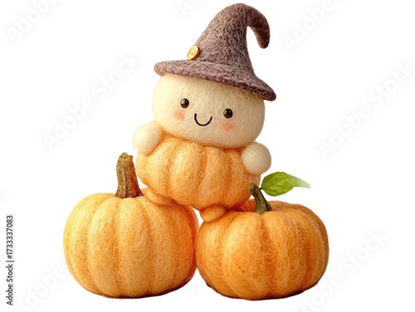 Fototapeta Halloween Pumpkin PNG Design: Pumpkin with Witch Hat Hugging Two Pumpkins (Isolated on Transparent Background, Cutout File)