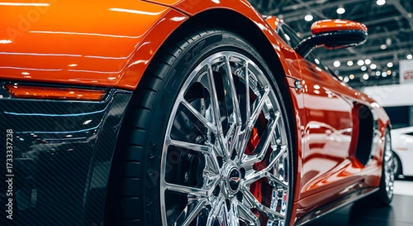 Fototapeta Close-up on the shiny chrome alloy wheel and carbon fiber details of a high-performance sports car, highlighting its sleek design and luxurious automotive engineering