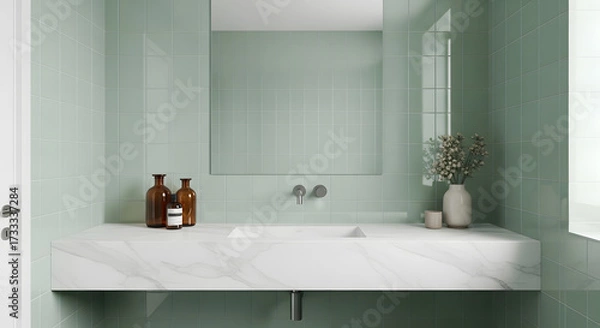 Fototapeta Elegant and minimalist bathroom interior design featuring a white marble vanity, integrated sink, and soft mint green vertical tiles for a serene spa feel