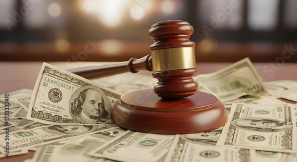 Fototapeta Justice and finance A gavel rests on a pile of US dollar bills, symbolizing the intersection of law and money in legal proceedings and financial disputes, illustrating fair financial judgments