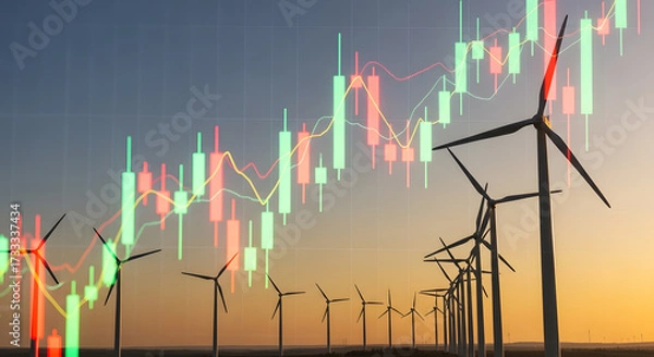 Fototapeta Sustainable energy investment, wind farm technology and financial growth analysis A visual representation of market trends and progress