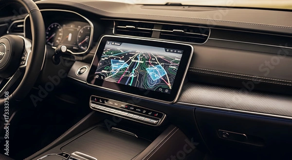 Fototapeta Modern car interior with a digital dashboard displaying a 3D navigation map, highlighting advanced technology and user interface design for an enhanced driving experience