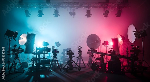 Fototapeta Professional lighting and camera equipment set up in a studio with colored spotlights creating an atmospheric and moody ambiance for film production or photography shoots