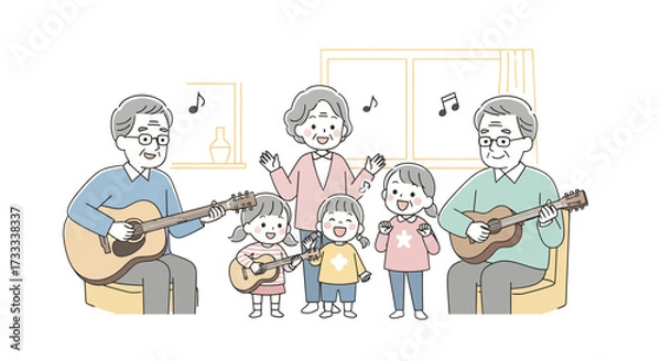 Fototapeta Grandparents and grandchildren joyfully playing guitars and singing together, creating a happy family music scene.