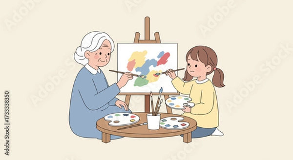Fototapeta A grandmother and granddaughter painting together on a canvas, enjoying a creative activity.