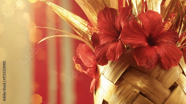 Fototapeta ketupat. Vibrant hibiscus flowers around traditional ketupat weave, warm sunlight and festive mood. event programs, museum guides, designed for cultural heritage projects and event programs.