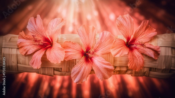 Fototapeta ketupat. Vibrant hibiscus flowers around traditional ketupat weave, warm sunlight and festive mood. event programs, museum guides, designed for cultural heritage projects and event programs.