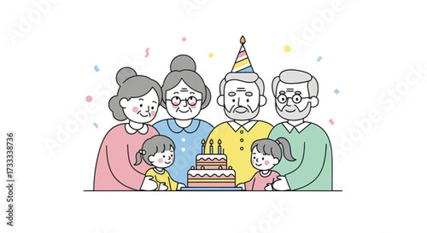 Fototapeta A cartoon illustration of a multi-generational family gathered around a birthday cake, with two young girls in front and grandparents behind, celebrating.
