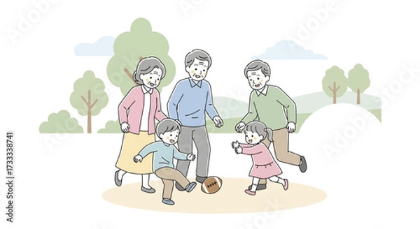 Fototapeta Illustration of a multi-generational family playing with a football outdoors in a park setting.