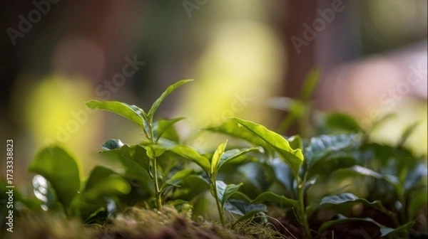 Obraz seedling. Coffee plant seedlings thrive in nature, showcasing vibrant green tones under soft natural light. gardening catalogs, home-decor guides, designed for gardening and botanical catalogs.
