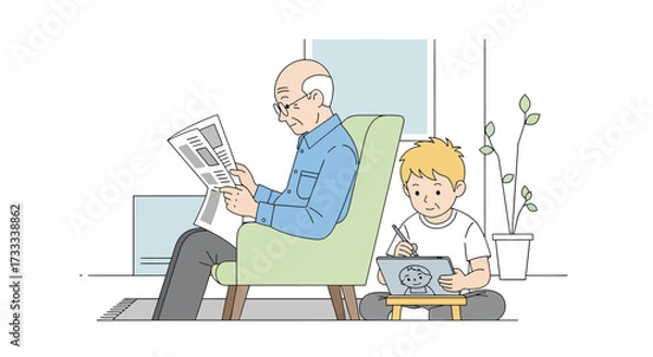 Fototapeta An elderly man reads the newspaper while a young boy draws on a tablet.