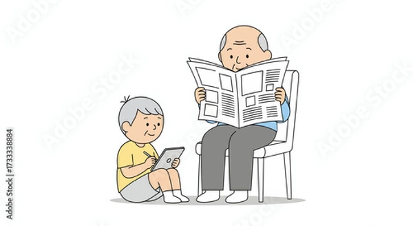 Fototapeta An elderly grandfather reads a newspaper while his young grandson sits on the floor using a tablet, illustrating a generational contrast in media consumption.