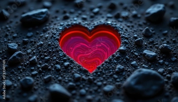 Fototapeta Heartshaped Glowing Object Embedded Dark Surface