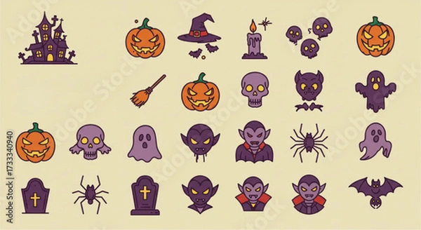 Fototapeta Halloween Flat Icon Set: Spooky Vector Collection of Pumpkin, Witch, Skull, Bat, Ghost & Graveyard Elements