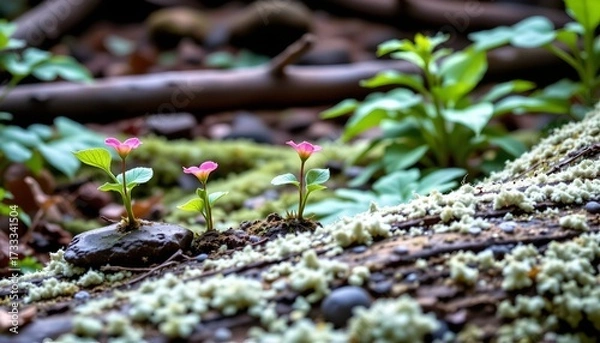 Fototapeta Serene Forest Scene with Plants and Mossy Log