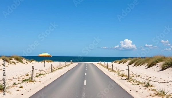 Fototapeta Serene Beach Road Scene with Umbrella and Clouds