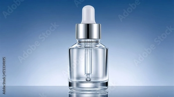Fototapeta Glass bottle with dropper on blue background, close up of glass bottle dropper and liquid on plain blue surface for various applications.