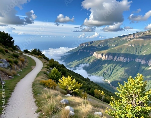Fototapeta Scenic Mountain Trail with Fog and Lush Vegetation