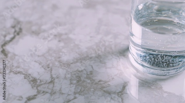Obraz condensation. A close-up of a clear water glass with condensation on a sleek marble surface, reflecting light in a minimalist setting. bar promotions.